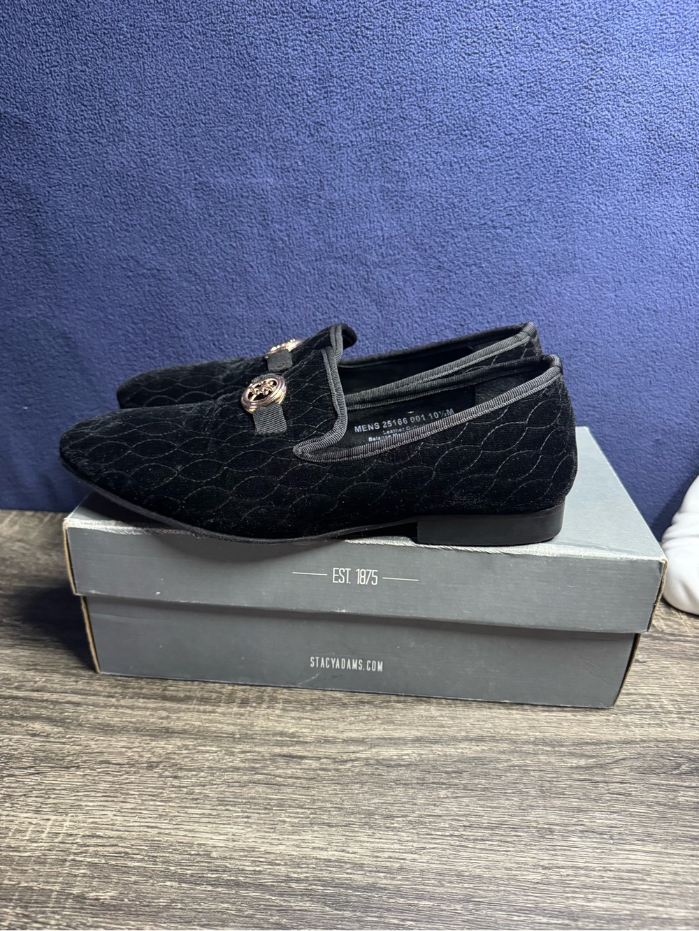 Stacy Adams Black Quilted Velvet Slip-On Loafers with Gold Accent